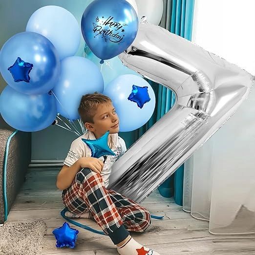Zestaw balonów na 7 urodziny niebieski srebrny cyfra 7 100cm