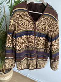 Sweter Vintage wełniany włoski odwracany 2w1 azteckie wzory brązowy