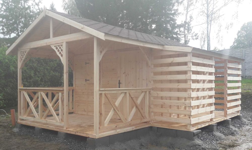 Domek letniskowy ogrodowy drewniany 6×3 m z drewutnią Drewutnia Altana