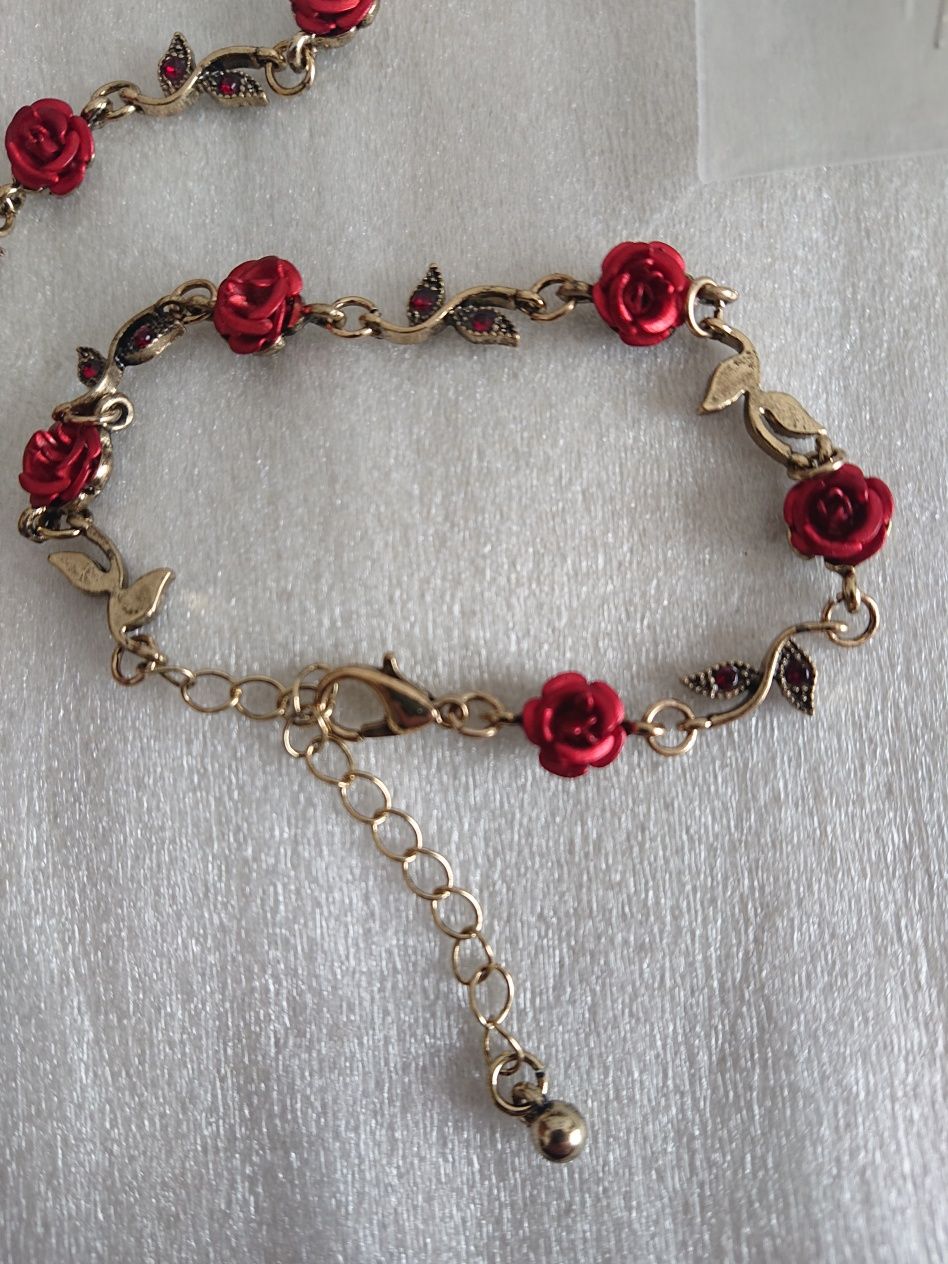 Nowy Zestaw biżuterii dla Kobiet łańcuszek bransoletka czerwone róże