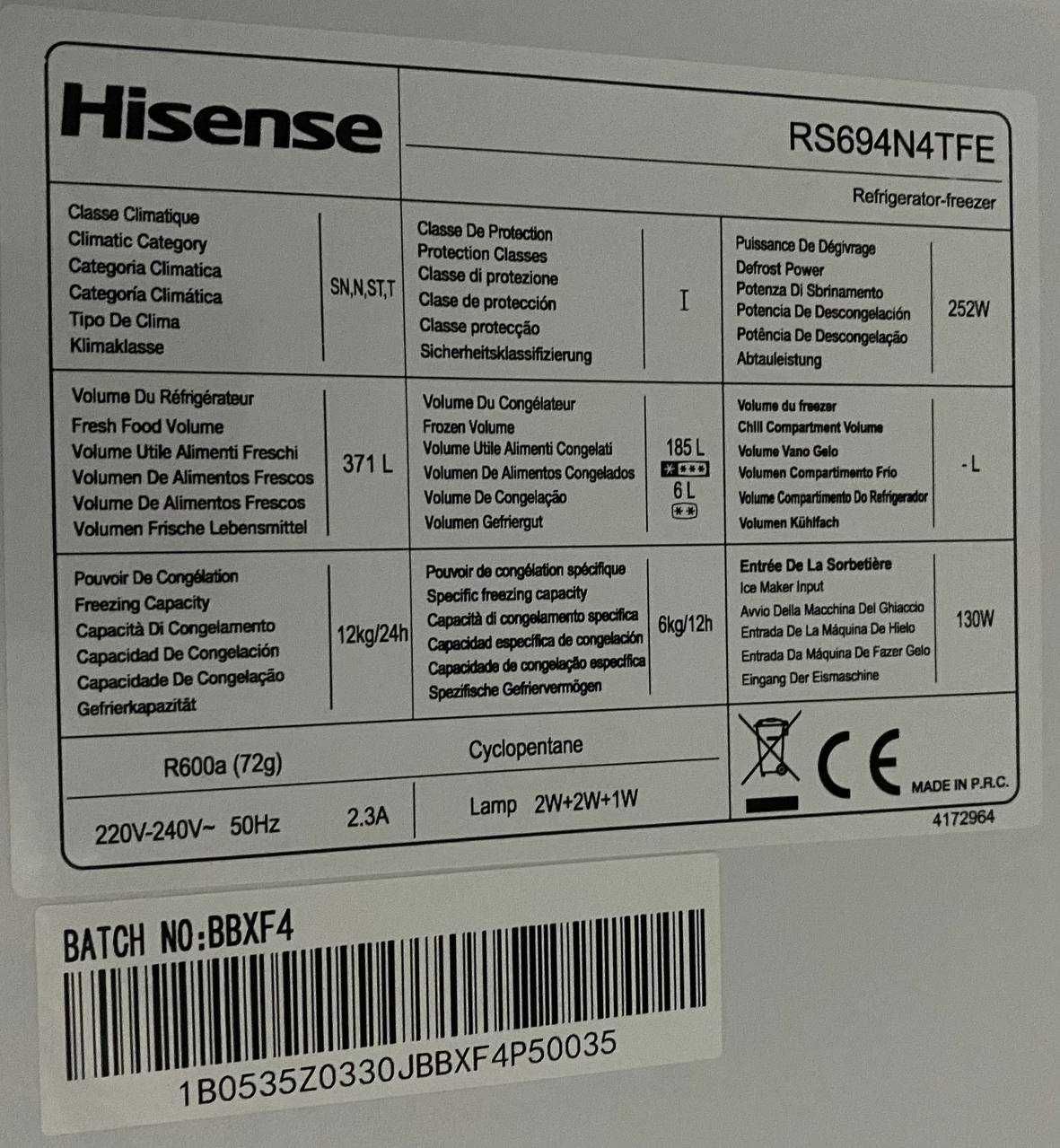 Холодильник Hisense RS694N4TFE SIDE BY SIDE ( 179 см) з Європи