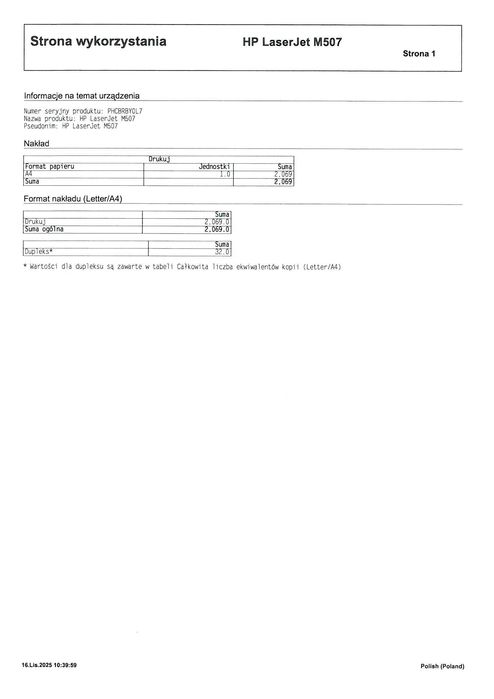 Drukarka laserowa HP LaserJet Enterprise M507 przebieg 2069 stron