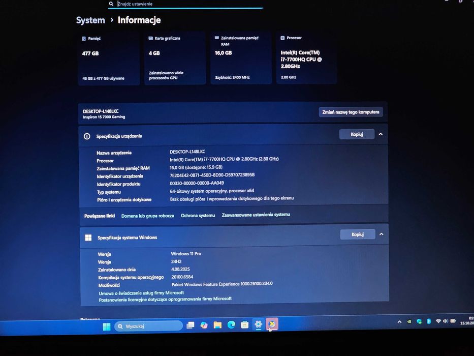 Dell Inspiron 15 Gaming 15,6" /i7/16Gb DDR4/GTX 1050Ti 4Gb/500Gb SSD