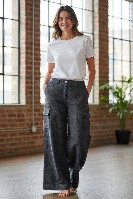 Широкие льняные карго-брюки в цвете графит Marks&Spencer, р. L/XL