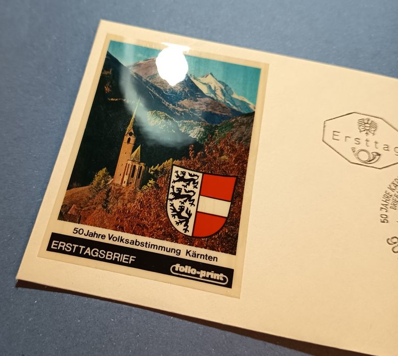 FDC 50. rocznica plebiscytu w Karyntii, znaczek i zdjęcie