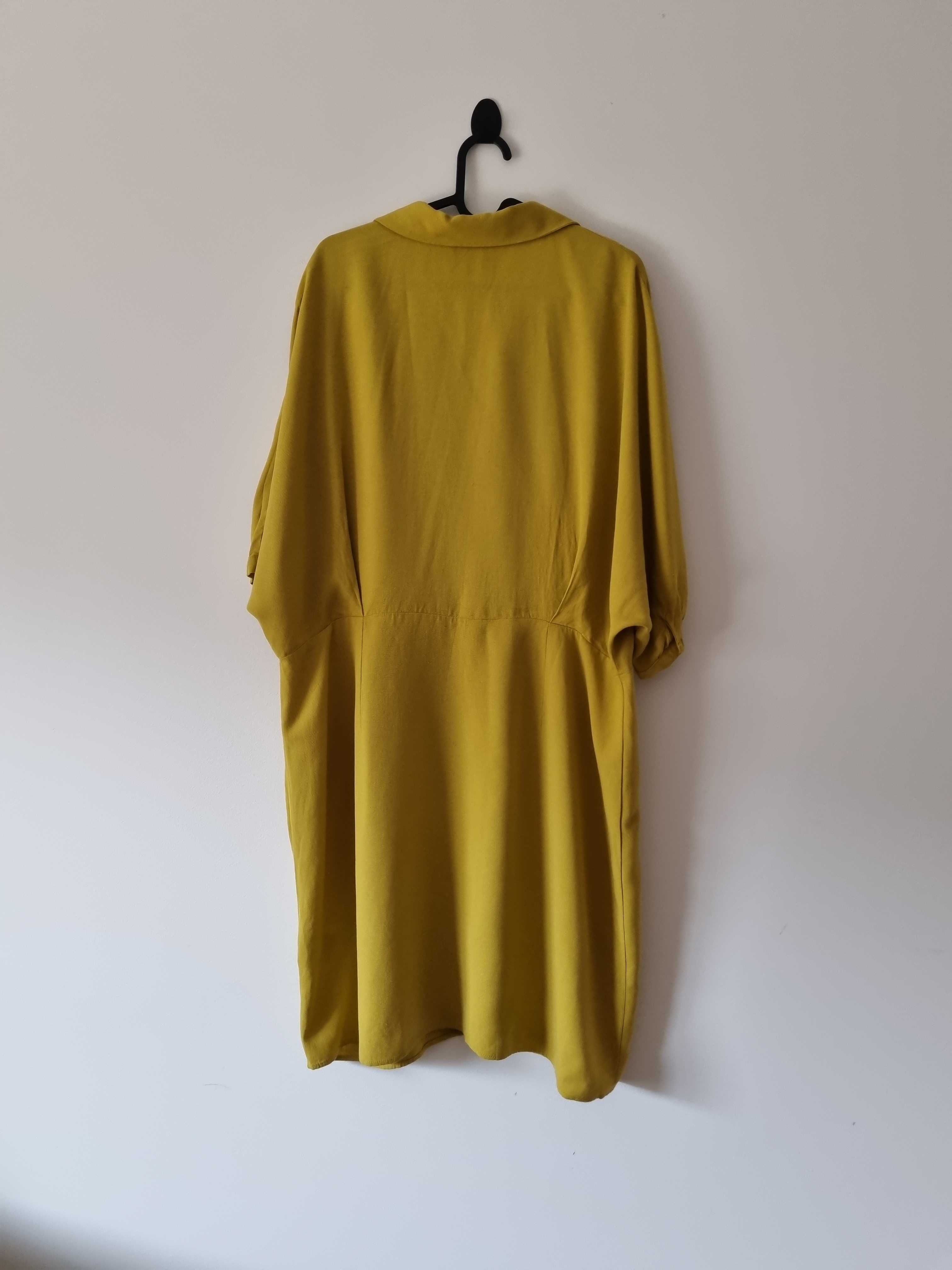 Żółta sukienka midi rękawy nietoperze len wiskoza na lato plus size
