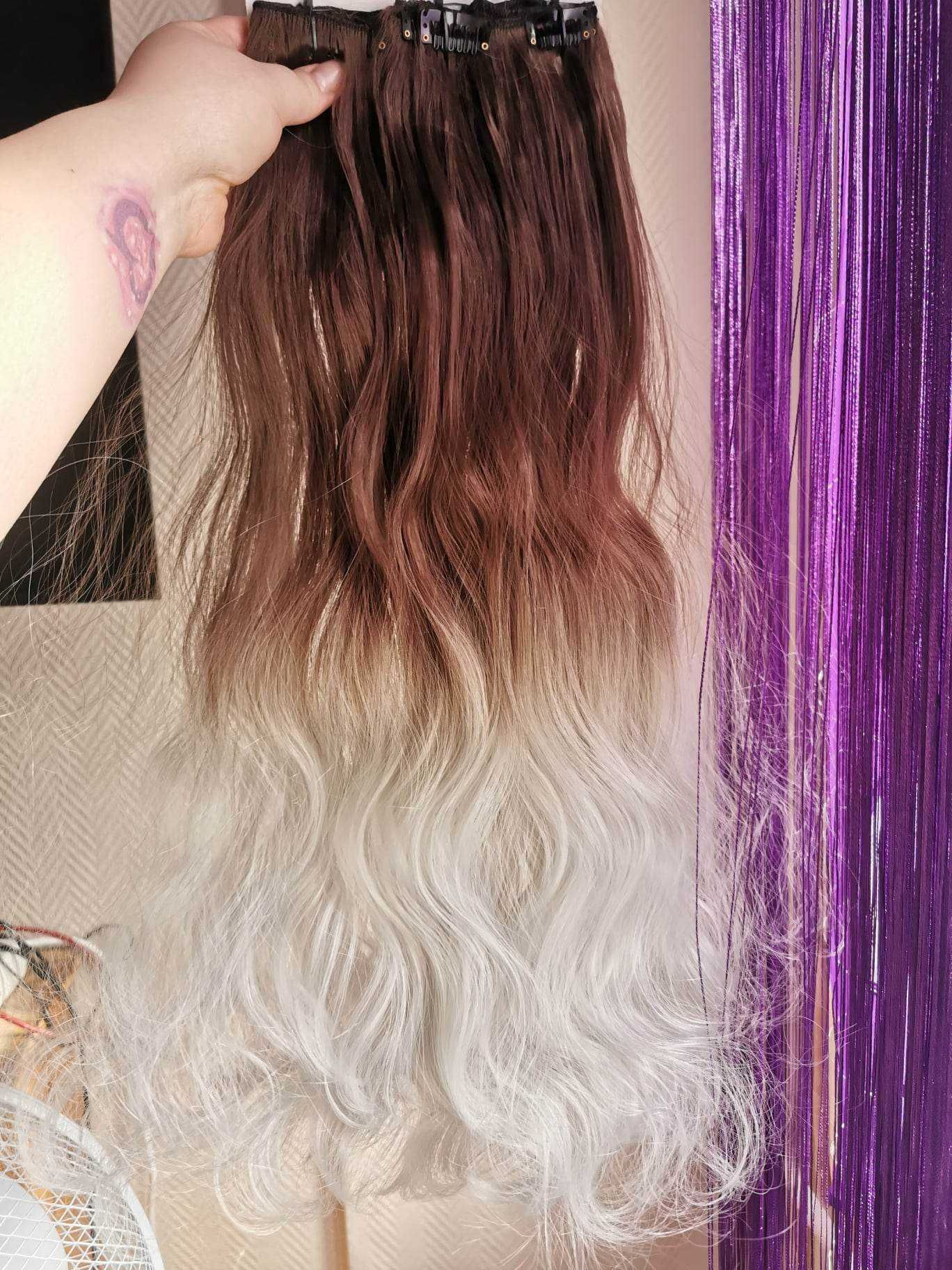 Doczepiane włosy clip in 65 cm ombre brąz srebro