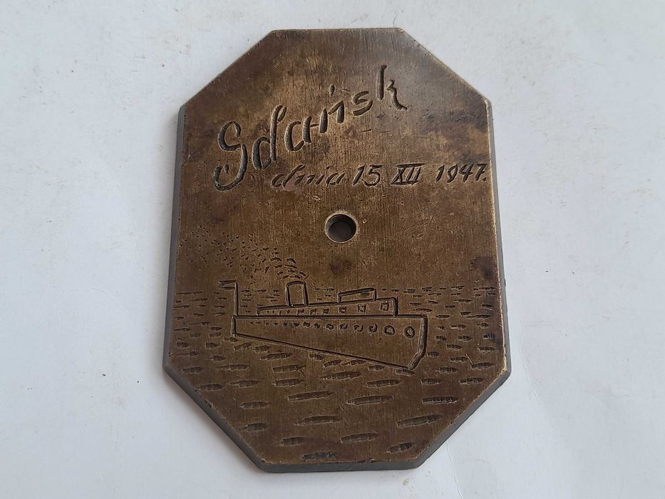Stara plakieta Gdańsk 15 XII 1947 rejs statkiem (mosiądz)