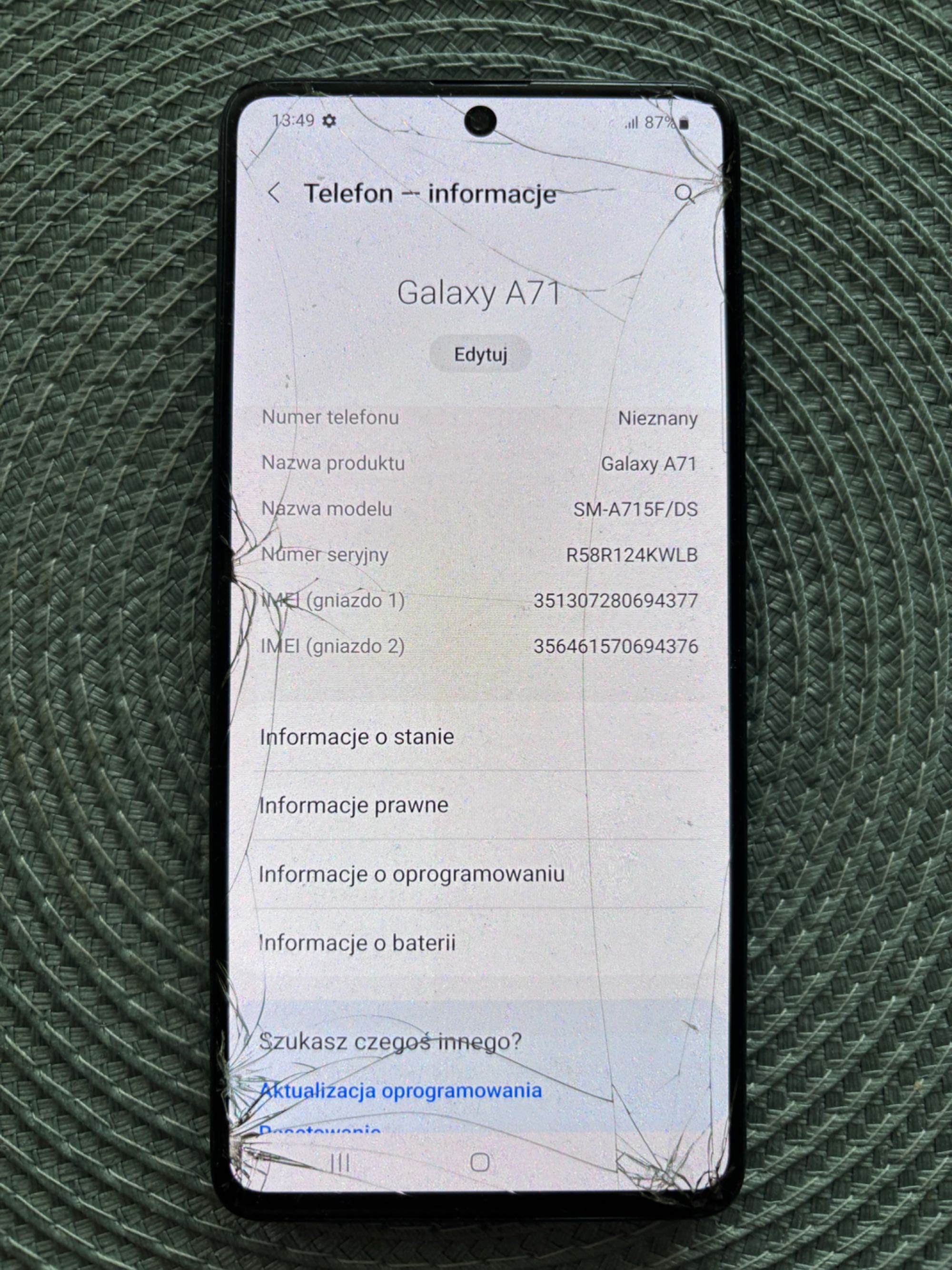 Samsung Galaxy A71 – 6/128 GB – uszkodzony ekran, sprawny