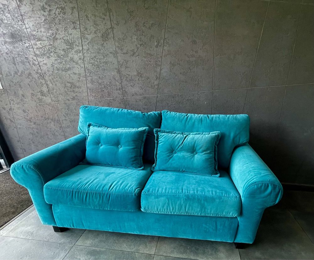 Sofa, kanapa, velvet, turkusowa/ niebieska, nowy materiał