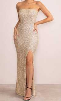 Długa Suknia balowa, studniówkowa, karnawałowa srebrne cekiny S-L