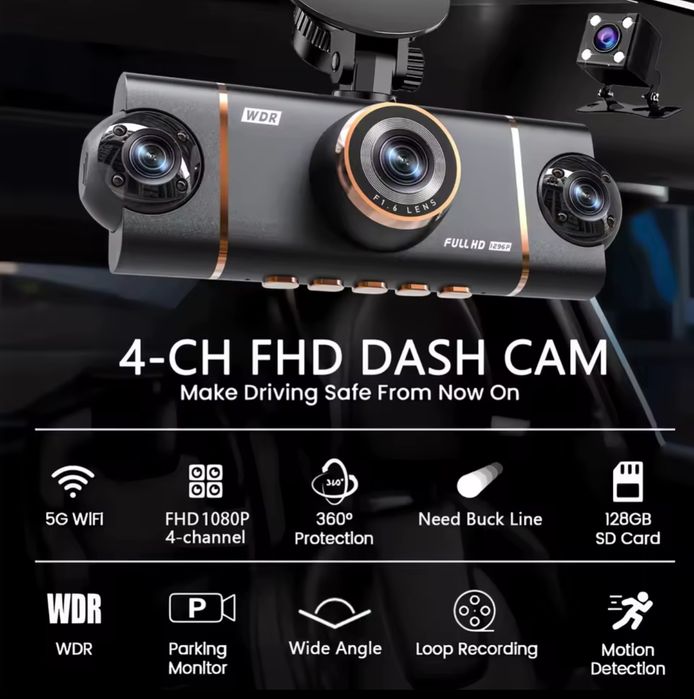 Dash Cam de 4 canais com gravação HD (1080p) campo de visão de 360 °