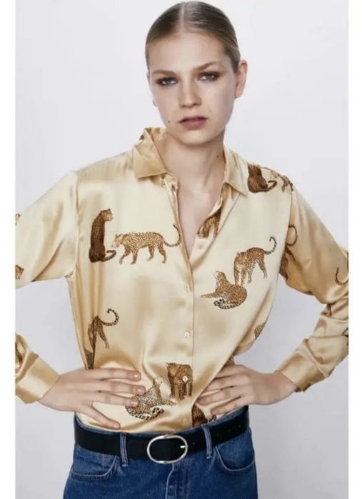 Шовкова сатинова блуза сорочка з леопардами Zara оригінал