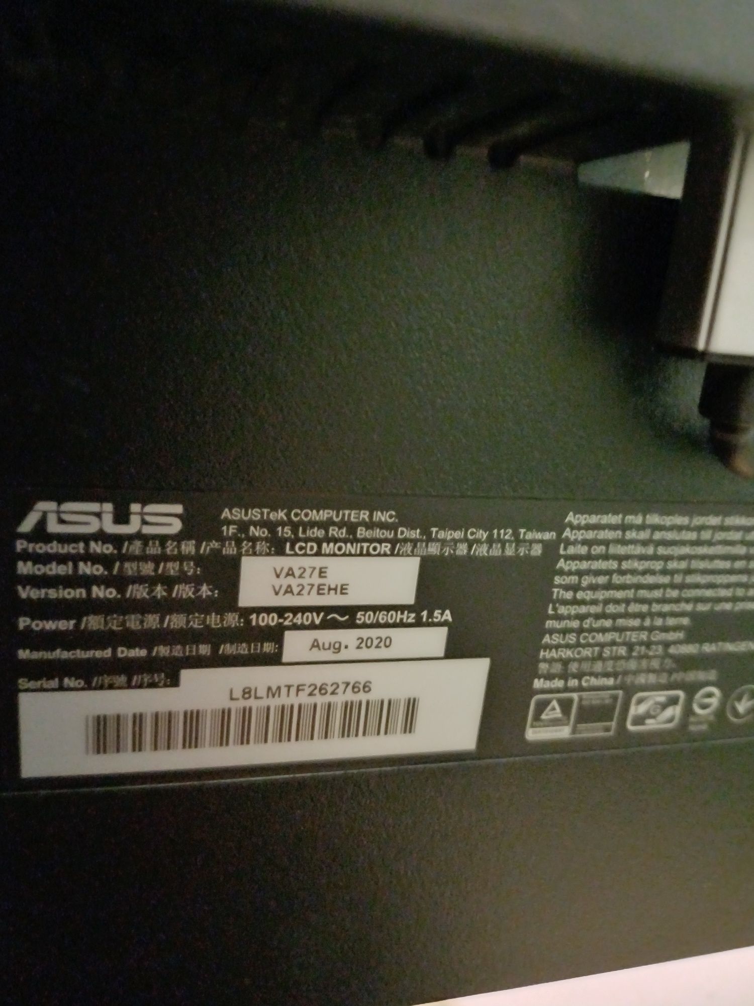 Monitor ASUS VA27EHE 27" Full HD IPS 75Hz 6ms