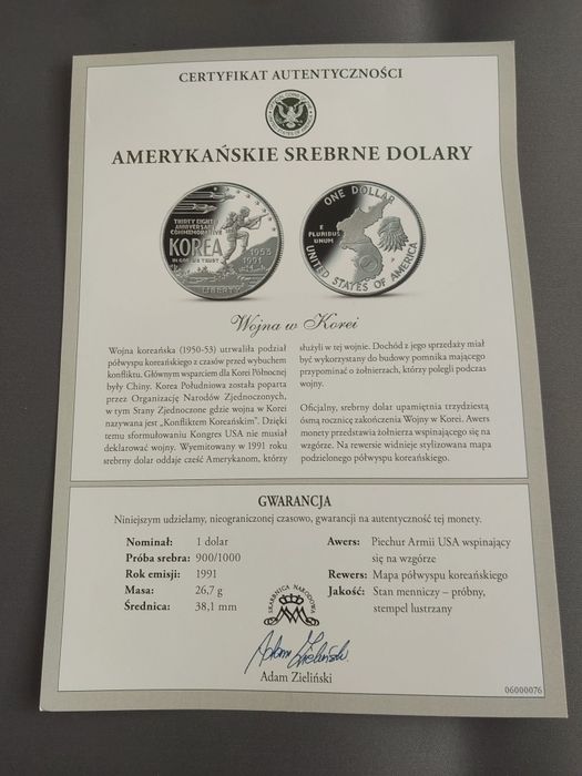 USA 1 dolar Dollar Korea Wojna Koreańska, srebro, moneta
