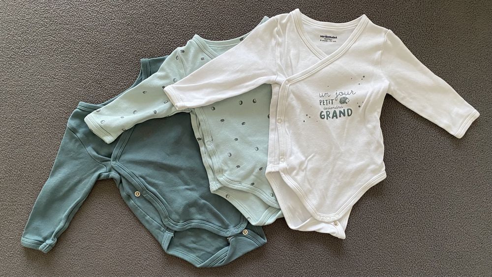 Lote 3 bodies+2 babygrows 9 meses (vertbaudet)+oferta babygrow golinha