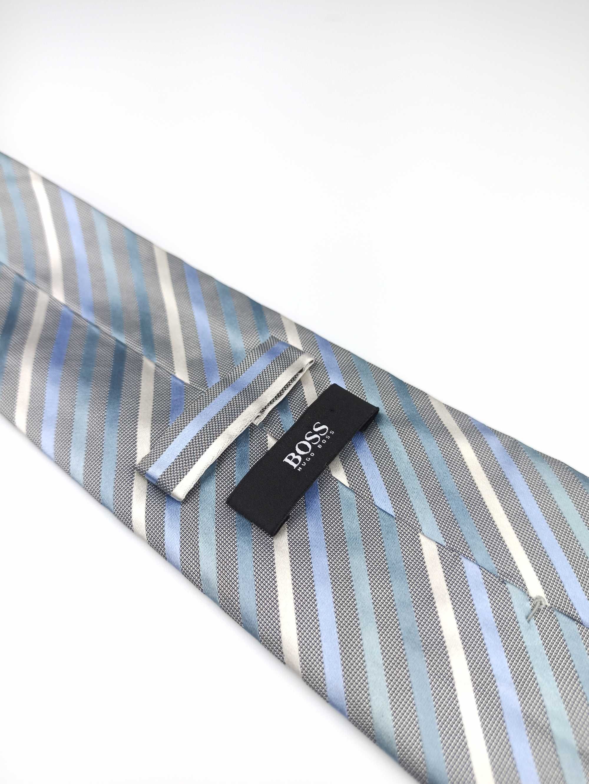 Hugo Boss niebieski szary jedwabny krawat w paski ulu44