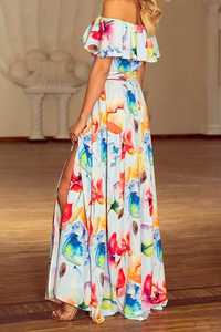 194-1 Długa suknia z hiszpańskim dekoltem malowane kwiaty 34 XS