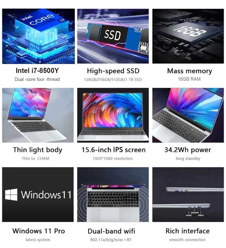 15,6-дюймов ноутбук,  RAM 16 ГБ, 2 ТБ, Windows 11 Pro,  Intel i7-8500Y