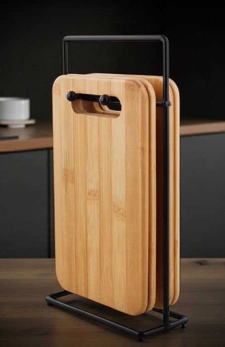 Elegancki Zestaw 4 Desek Bambusowych + Metalowy Stojak, Wytrzymałe