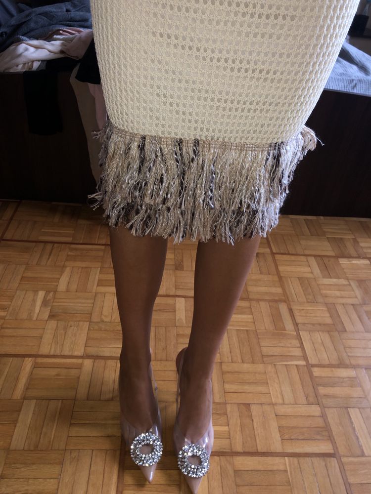 Zara midi spódnica chanelka na gumie siatka z frędzlami frędzle
