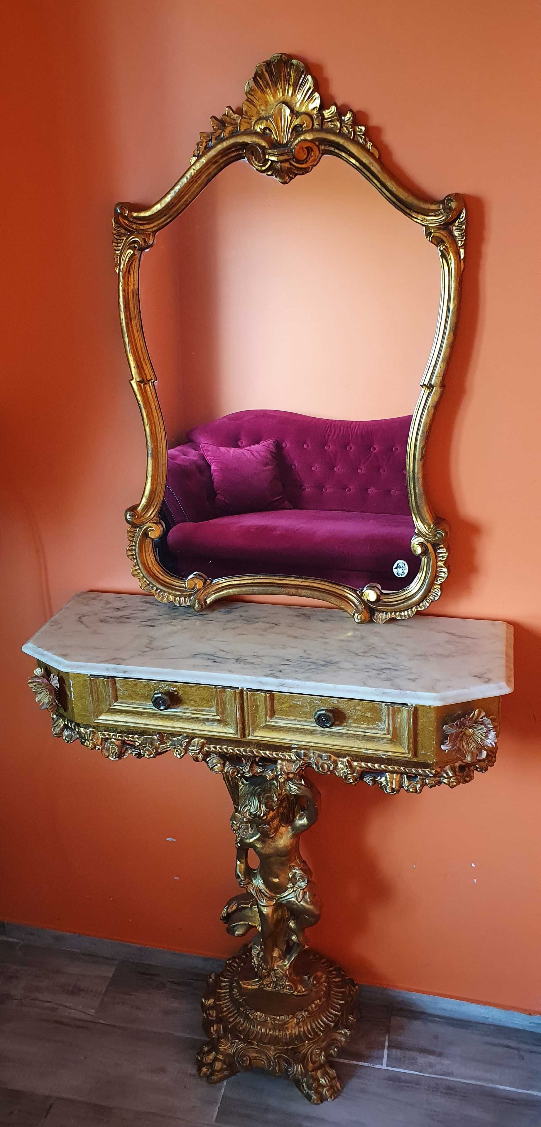 Konsola rzeźbiona toaletka stolik z marmurem z lustrem vintage barok