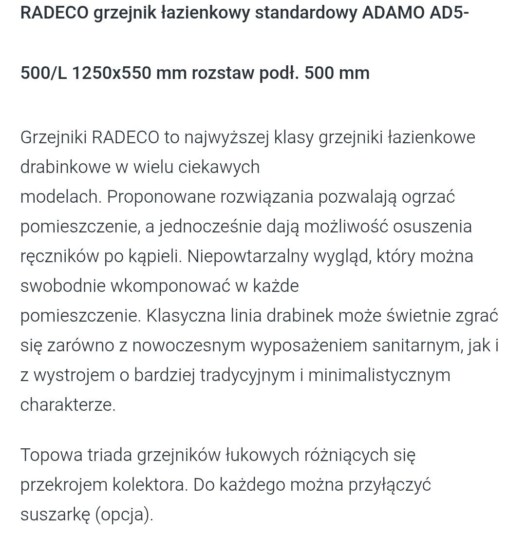 RADECO grzejnik łazienkowyADAMO AD5-500/L 1250x550 mm rozstaw 500 mm