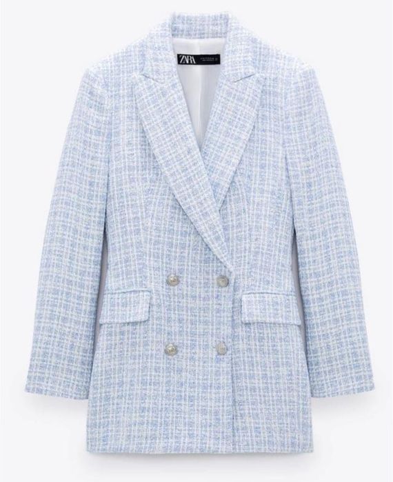 блактиний твідовий піджак блейзер жакет приталений в клітинку zara