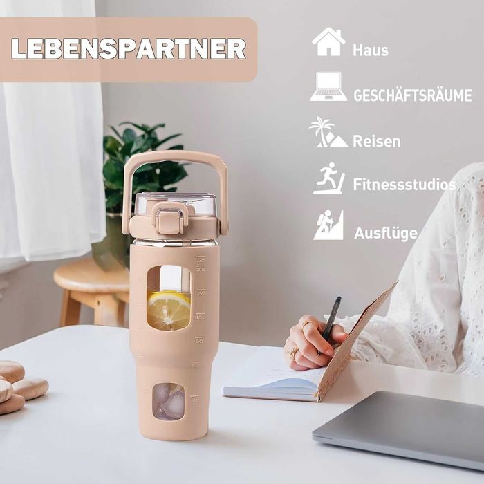 HYDRAGLAZIC Szklana butelka na wodę 960ml z pokrywką słomką