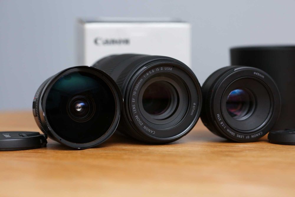 Obiektyw Canon 15 2.8 fisheye, 70-300 f/4-5.6 II USM IS, 50mm 1.8 STM