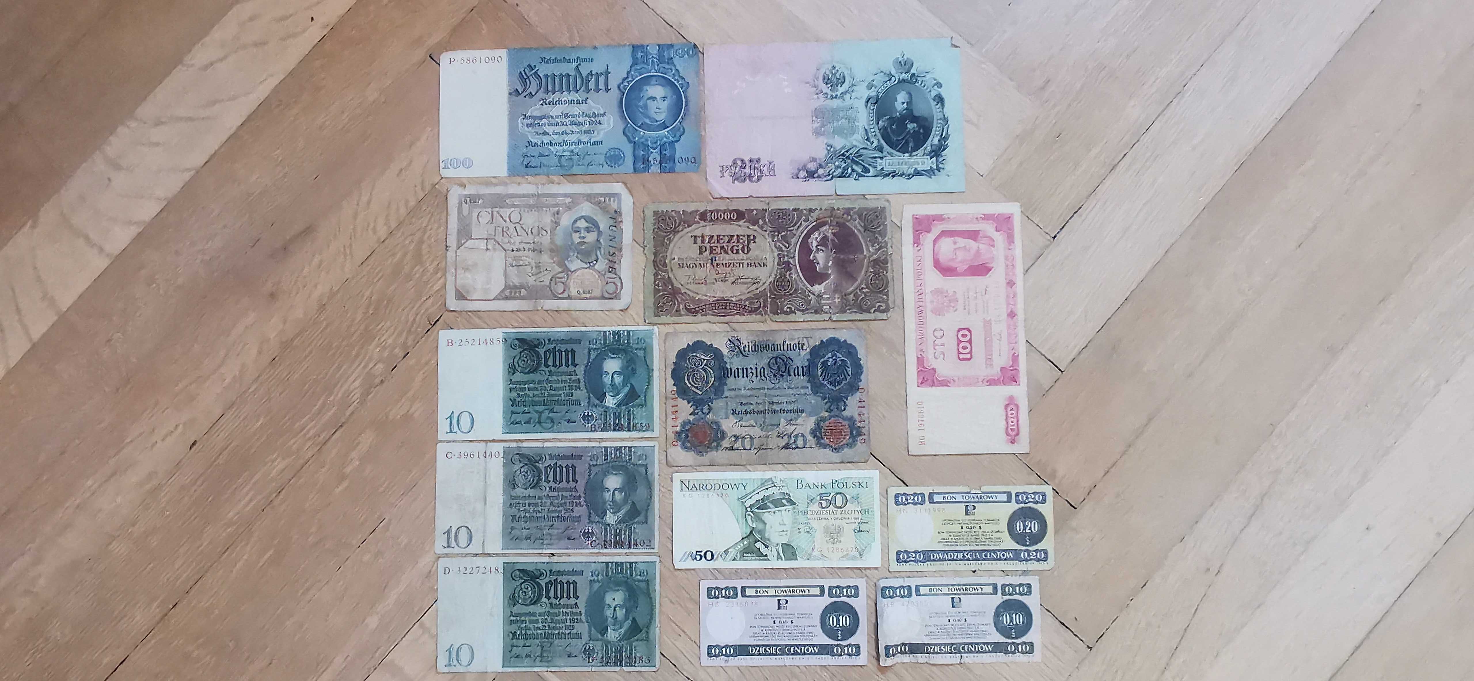 Banknoty Stare 10000 Pengo z45, 5 Francs 39,100marek 24, 20 marek 1908