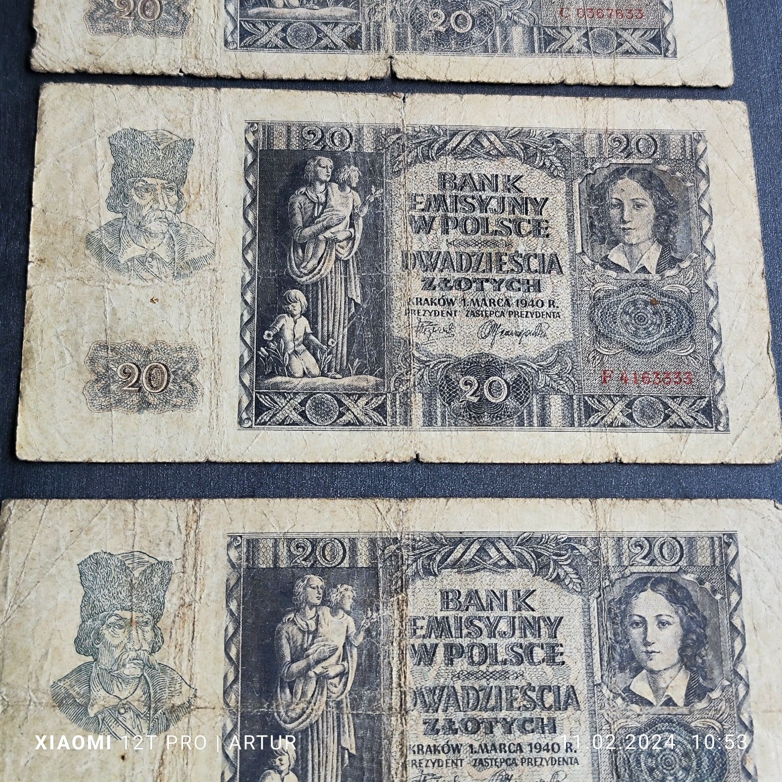 3 banknoty 20 zł 1940 rzadkie serie C,E,F