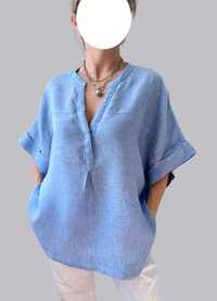 Удлиненная льняная рубашка большого размера голубая h&m р.60-70