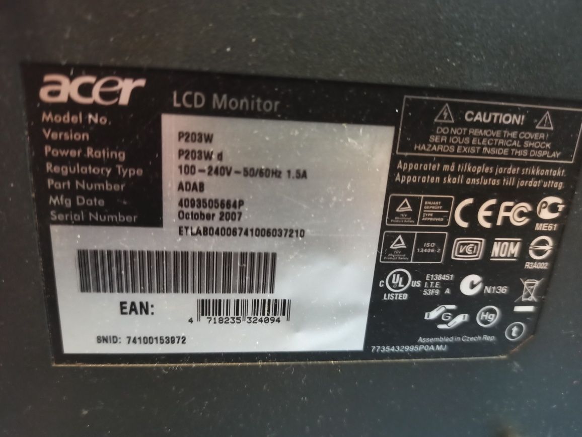 Monitor LCD Acer 20 cali 1680x1050 IPS