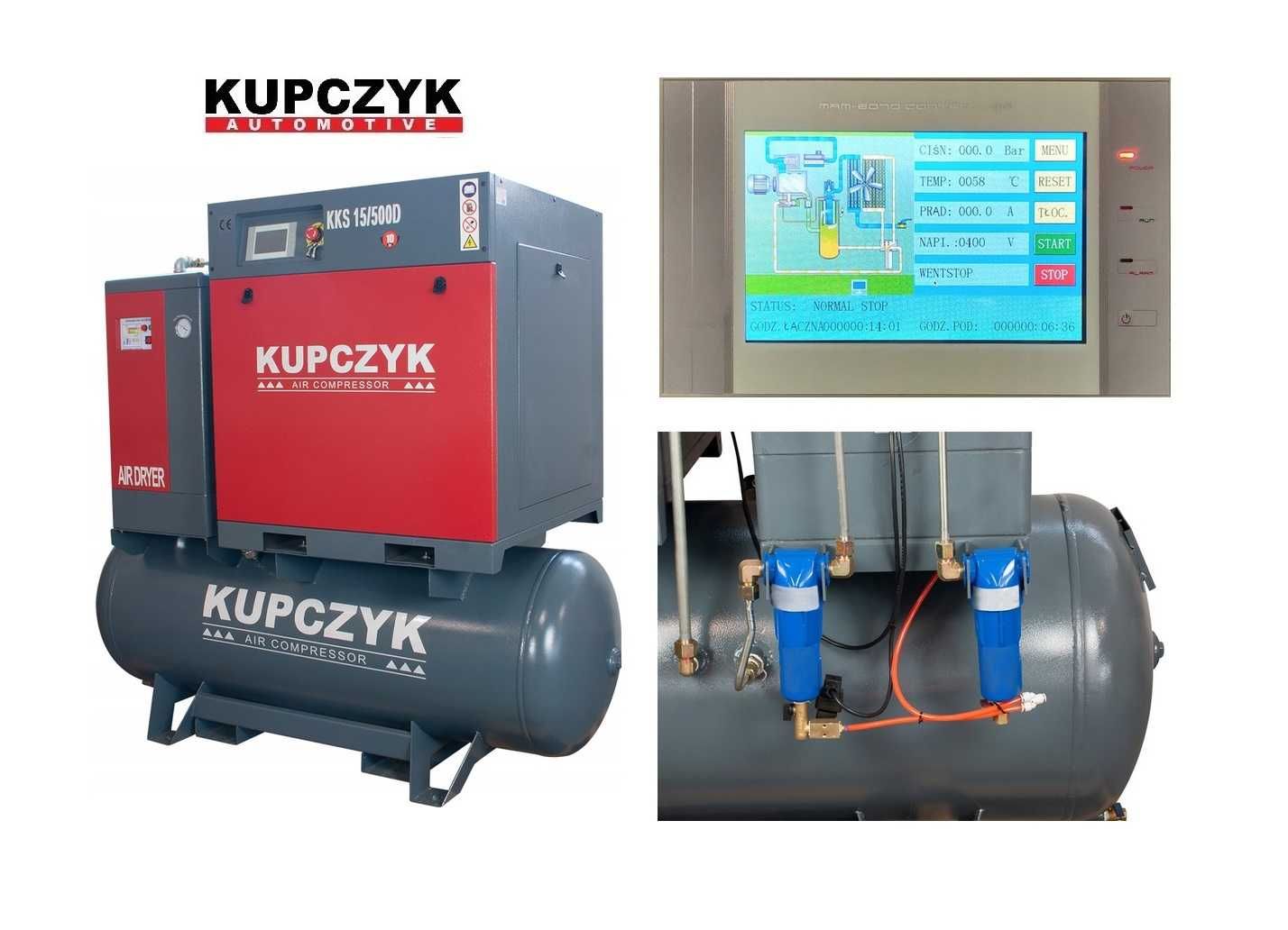 Kompresor Śrubowy 11KW 1600L/min Zbiornik 500L Osuszacz Filtry Kupczyk