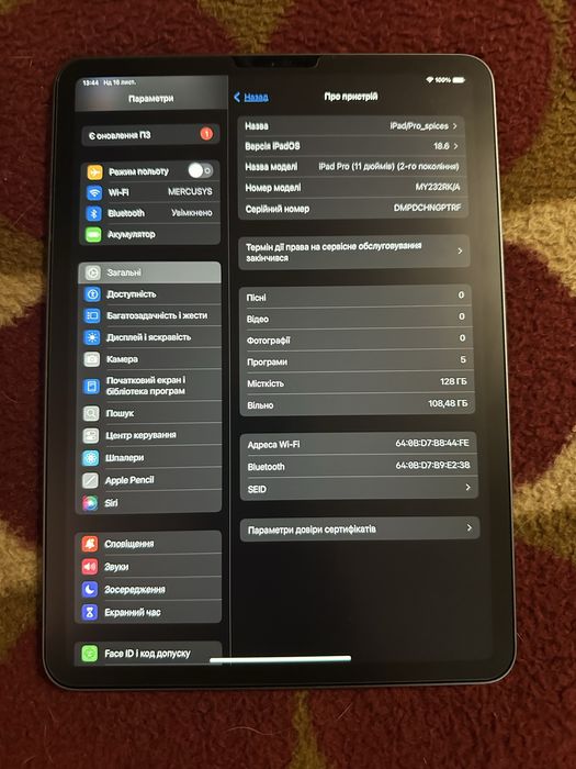 Планшет Apple A2228 iPad Pro 11 (2-gen) Wi-Fi 128GB 2020 120 Гц