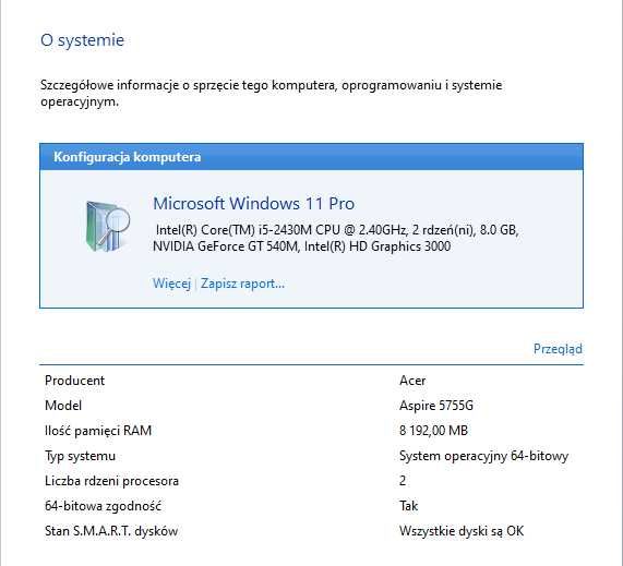 Okazja Acer Aspire 5755G , I5 , 8/320GB , 15.6" , 11 Pro - BDB. Stan