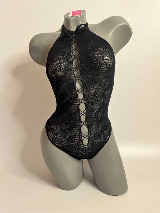 Zmysłowe czarne koronkowe body z kokardką S/M/L bodystocking