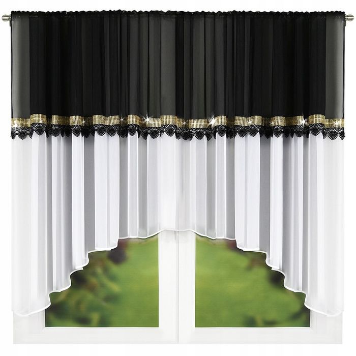 Firana Gotowa Z Woalu I Czarnej Gipiury Złote Cyrkonie 400X150 Biała