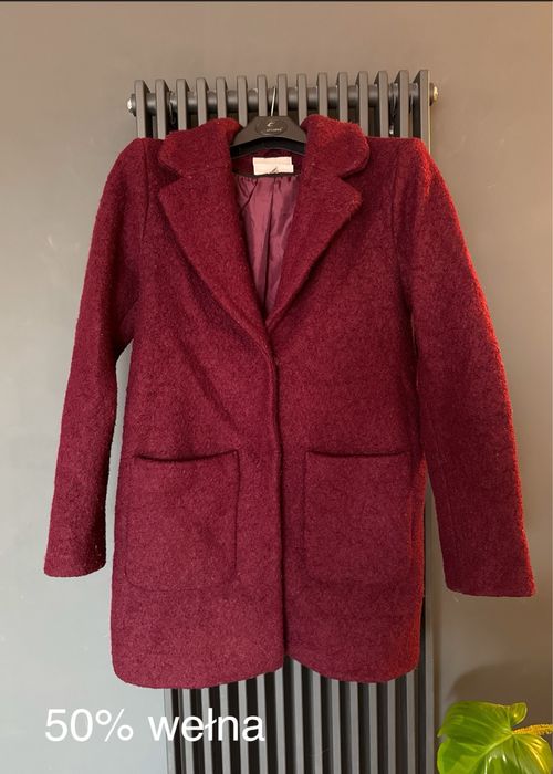 Płaszcz 50% wełna, burgundowy, bordowy ICHI 40