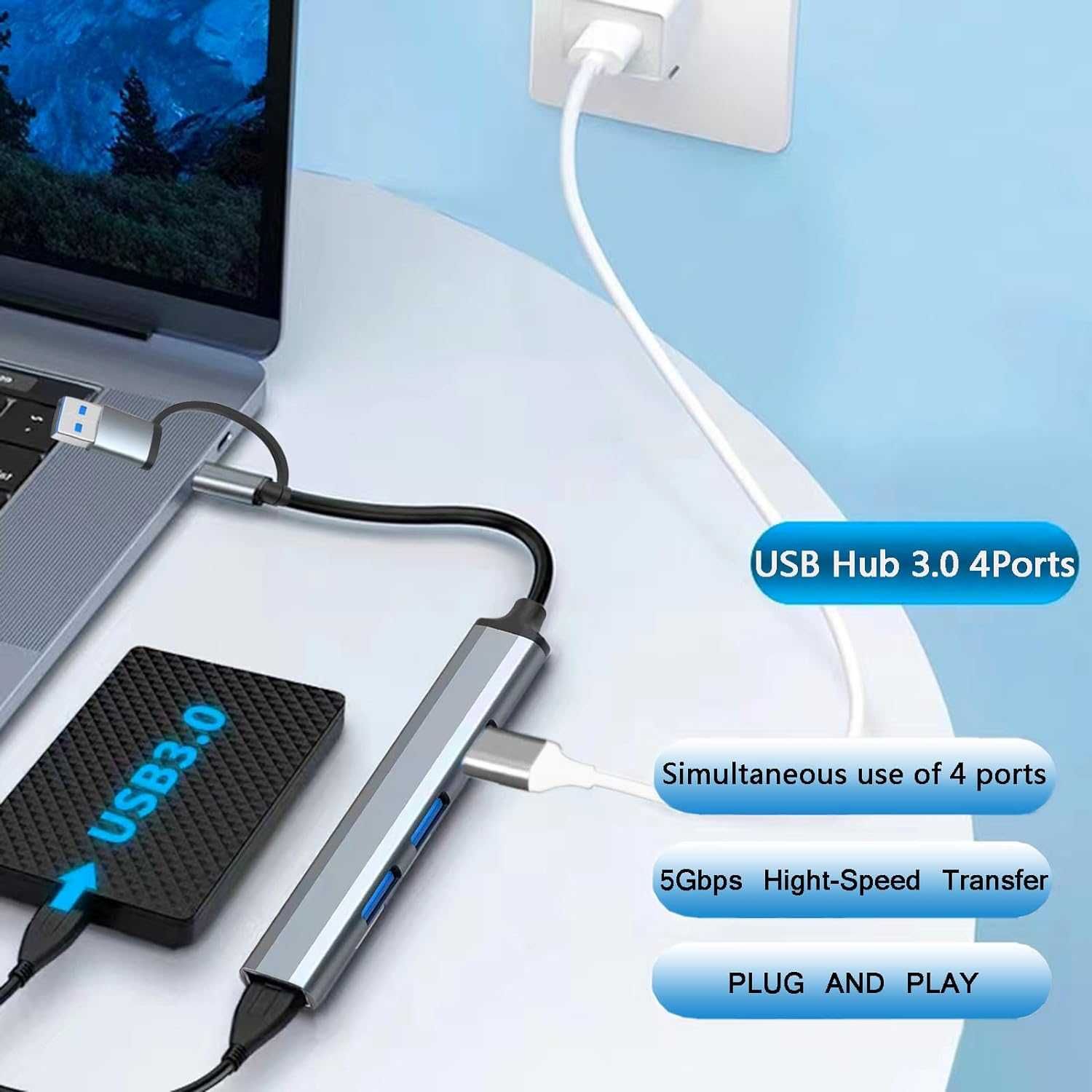 Hub USB Type C 3.0 2 w 1, 4-portowy rozdzielacz USB 5 Gb/s