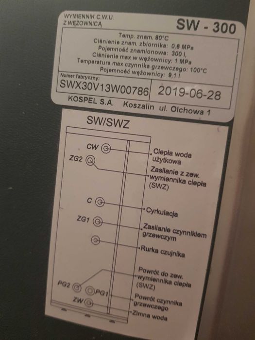 KOSPEL wymiennik C.W.U. z wężownicą SW-300