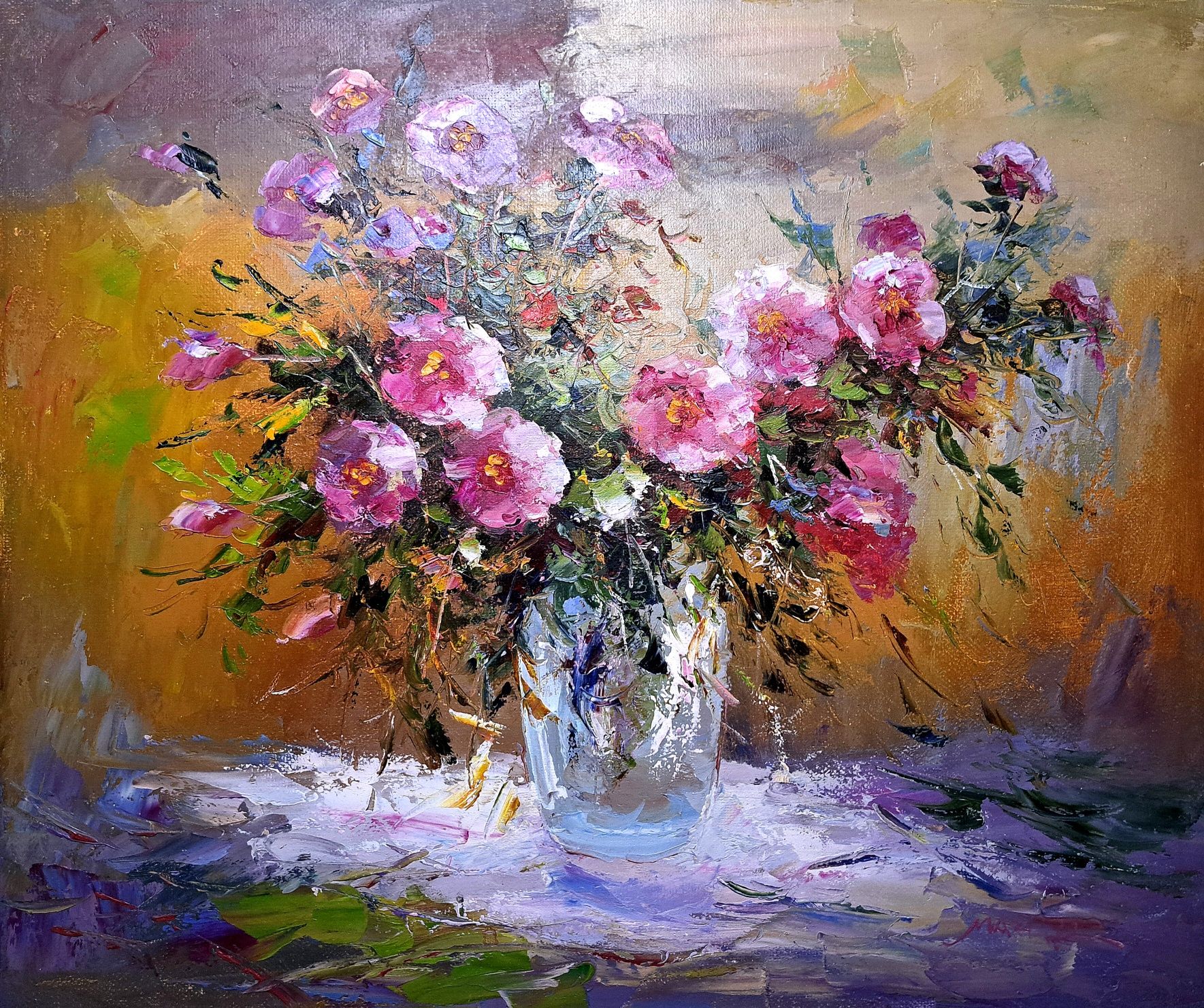 Kwiaty w wazonie - obraz olejny na płótnie 50cm x 60cm