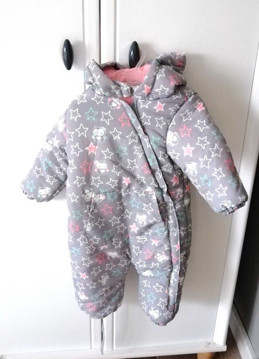 szary zimowy kombinezon pepco baby 80 z kapturem dla dziewczynki