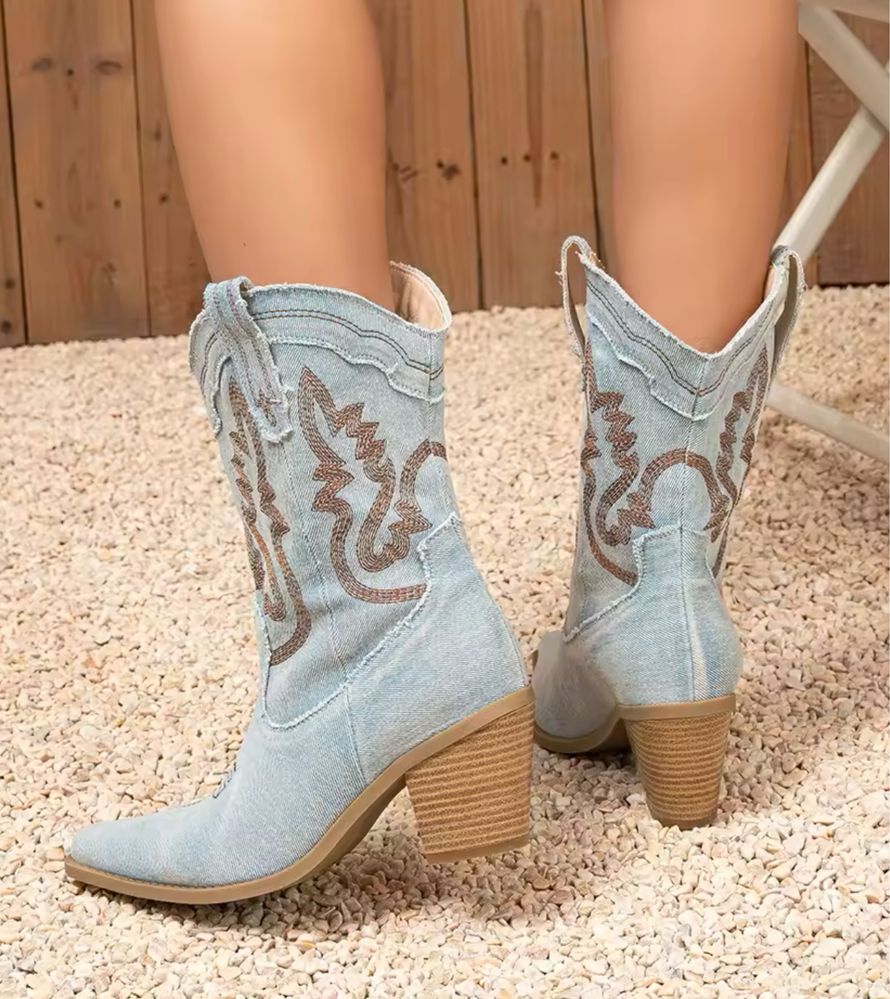 Kowbojki damskie kozaczki modne niebieskie botki jeans