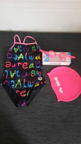 Strój kąpielowy ARENA plus czepek i okularki dla dziewczynki 5-6 lat