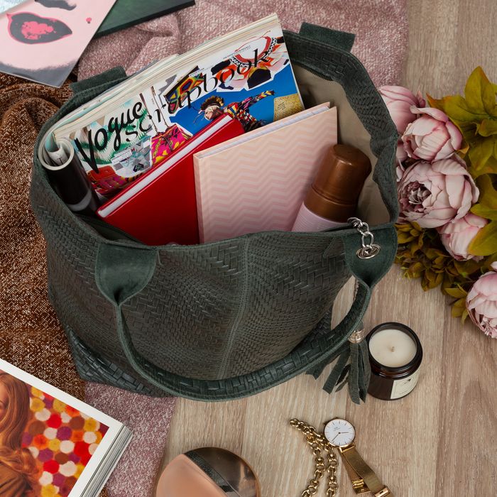 VERA PELLE torebka skórzana shopper przeplatana V521 c.zielona