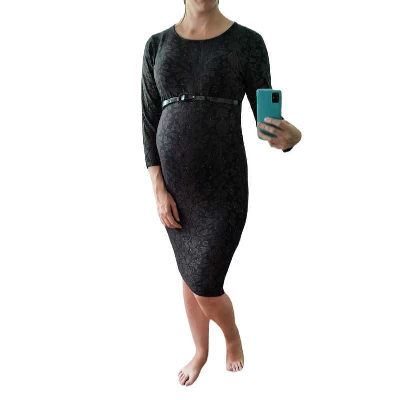 BEZ WAD Sukienka ciążowa czarno-brązowa ornament S/36 midi #941