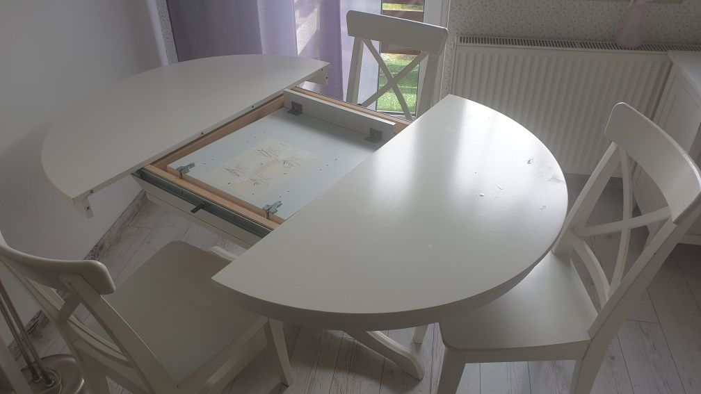 Stół okrągły rozkładany bialy IKEA Ingatorp śr. 110cm + 3 krzesła