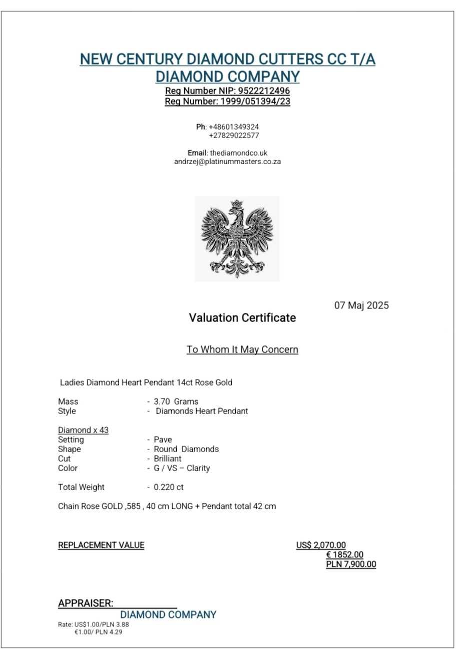Złoty łańcuszek z zawieszką serce Diamenty 0,22ct Pr.585 W:3,70gr